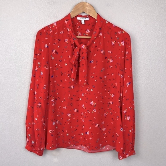 Derek Lam Evadine Blouse Red Floral Tie-neck Long Sleeves Top 2 - Picture 6 of 13